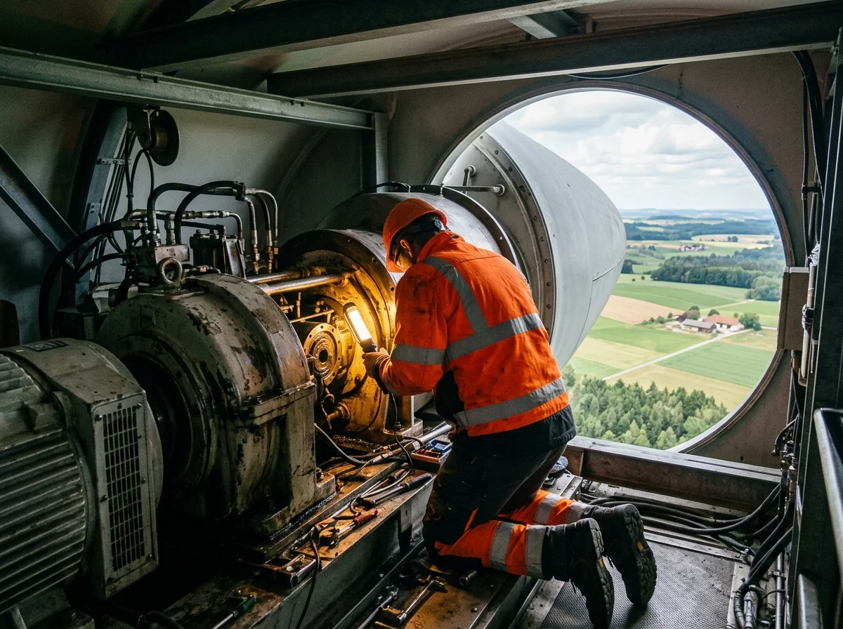 Servicetechniker bei Wartungsarbeiten im Maschinenhaus einer Onshore-Windkraftanlage